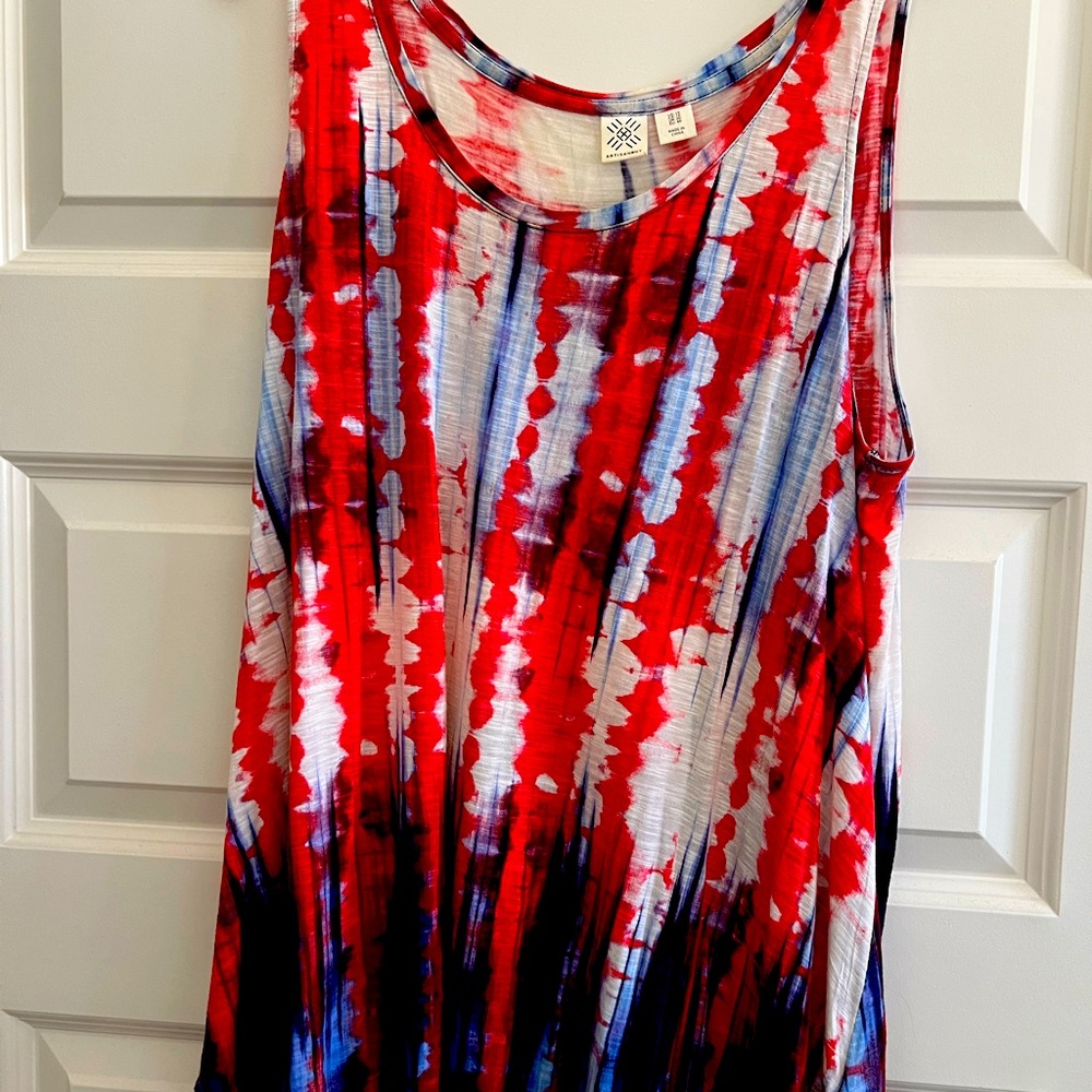 Red, white and blue tie dye tank top